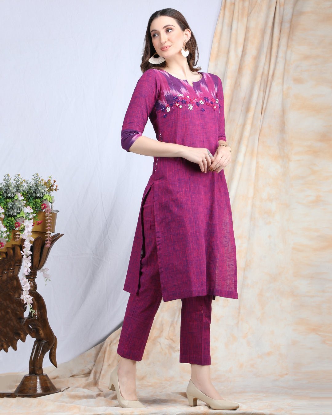 GULABI | Cotton Kurta Pant with Ikkat Yoke - Ritivesh By Ritika Aggarwal