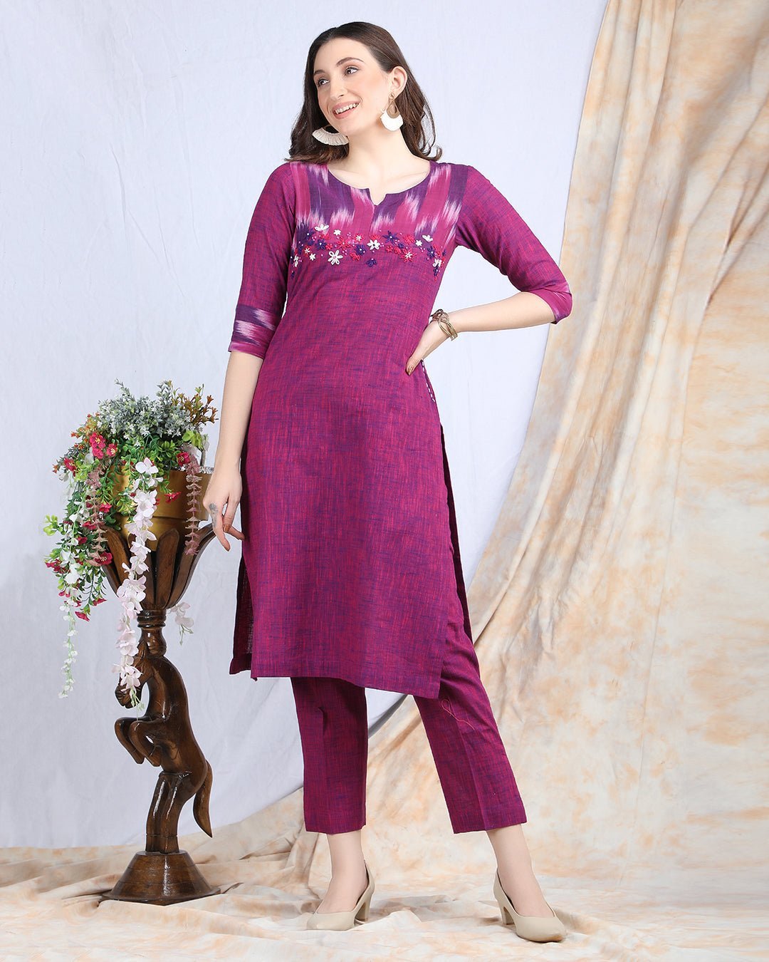 GULABI | Cotton Kurta Pant with Ikkat Yoke - Ritivesh By Ritika Aggarwal