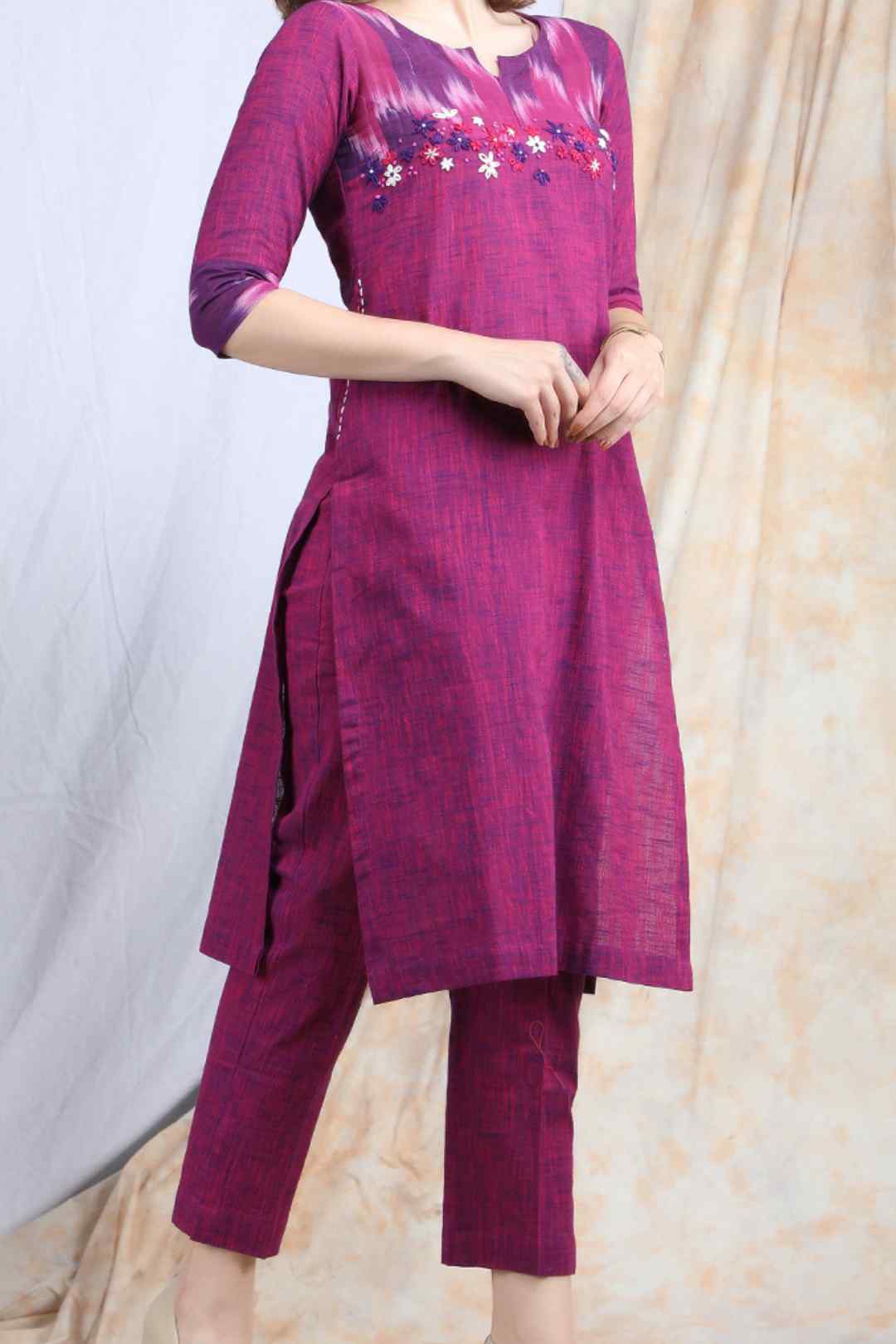 GULABI | Cotton Kurta Pant with Ikkat Yoke - Ritivesh By Ritika Aggarwal