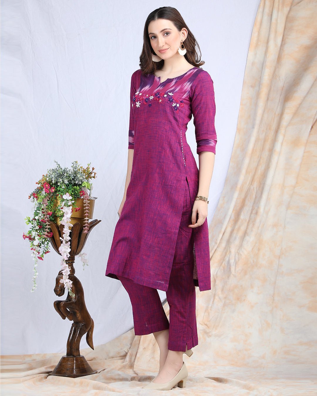 GULABI | Cotton Kurta Pant with Ikkat Yoke - Ritivesh By Ritika Aggarwal