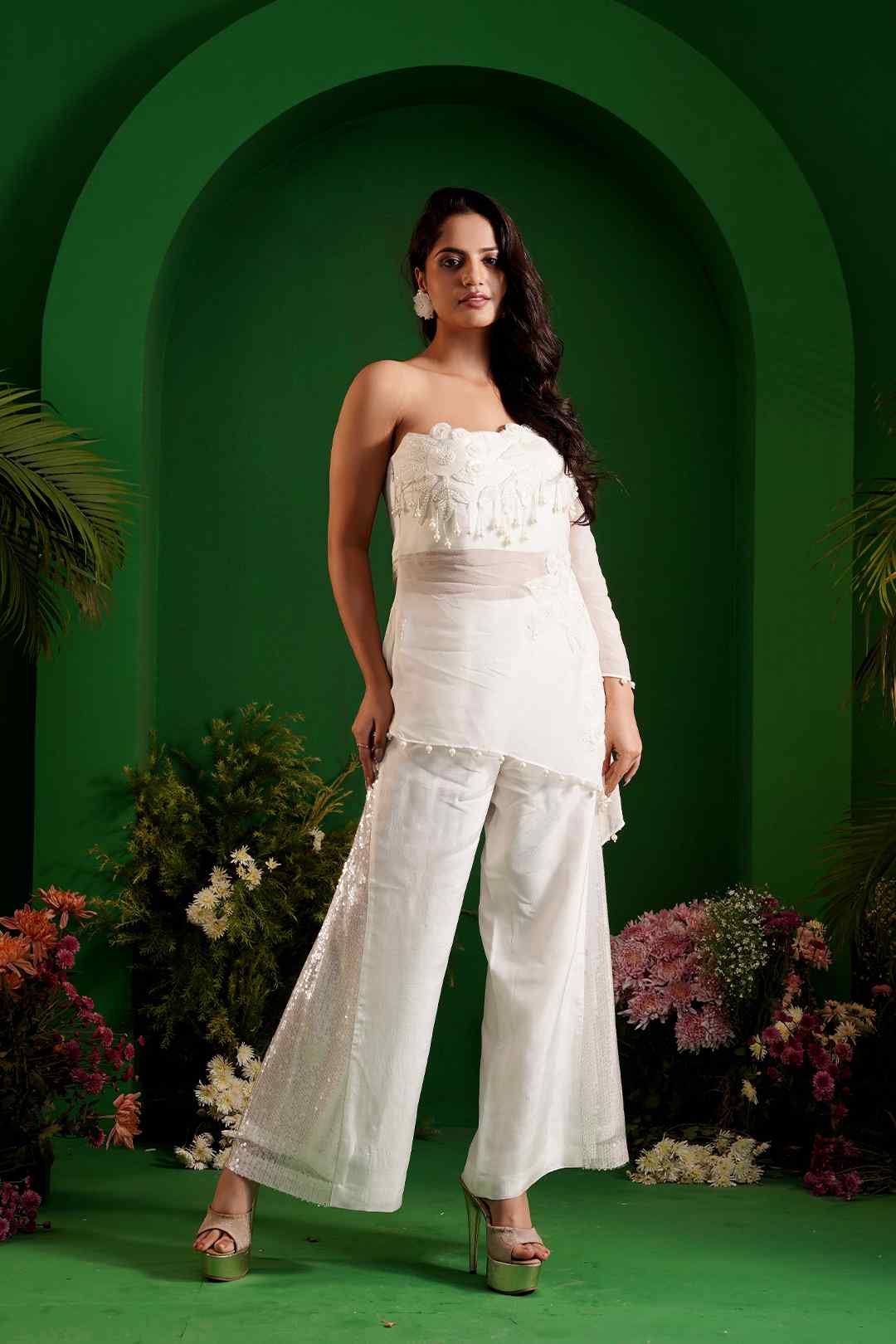 INARA - White Embroidered One - Shoulder Organza Top and Pants - Ritivesh By Ritika Aggarwal