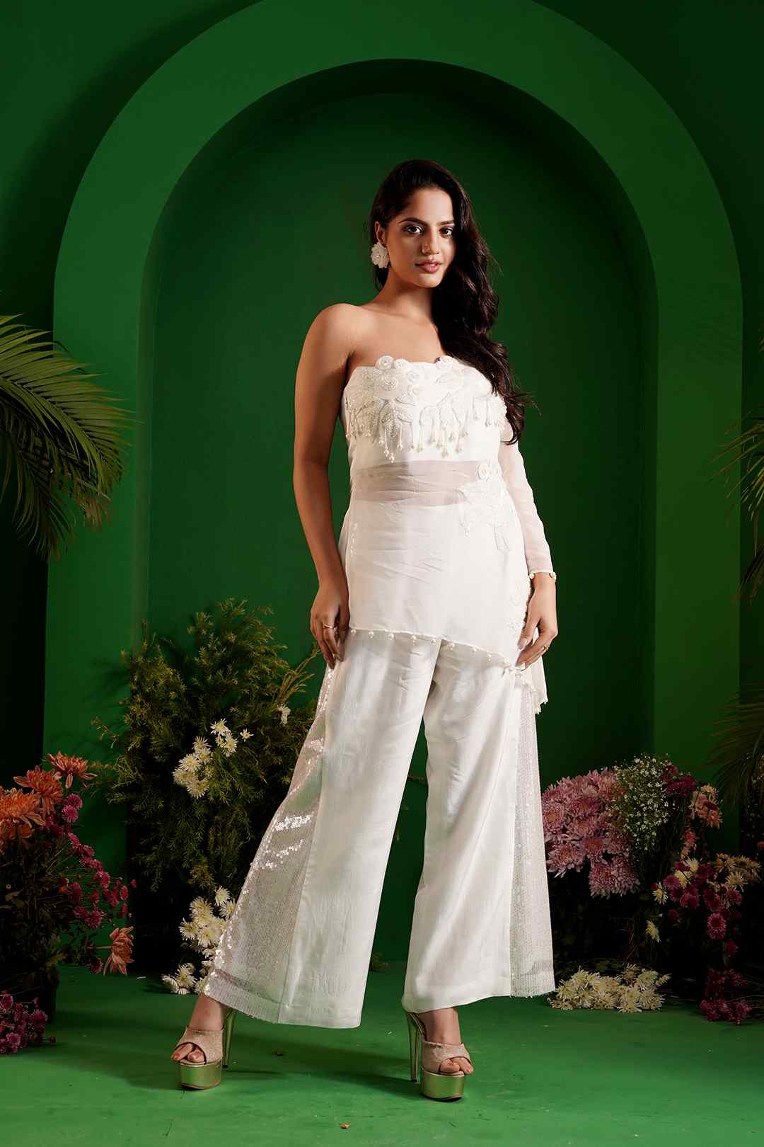 INARA - White Embroidered One - Shoulder Organza Top and Pants - Ritivesh By Ritika Aggarwal