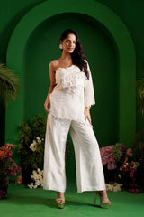 INARA - White Embroidered One - Shoulder Organza Top and Pants - Ritivesh By Ritika Aggarwal