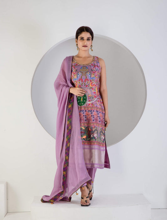 Lavender Digital print suit with Lycra pant and Dupatta - Ritivesh By Ritika Aggarwal