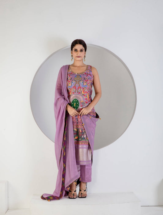 Lavender Digital print suit with Lycra pant and Dupatta - Ritivesh By Ritika Aggarwal