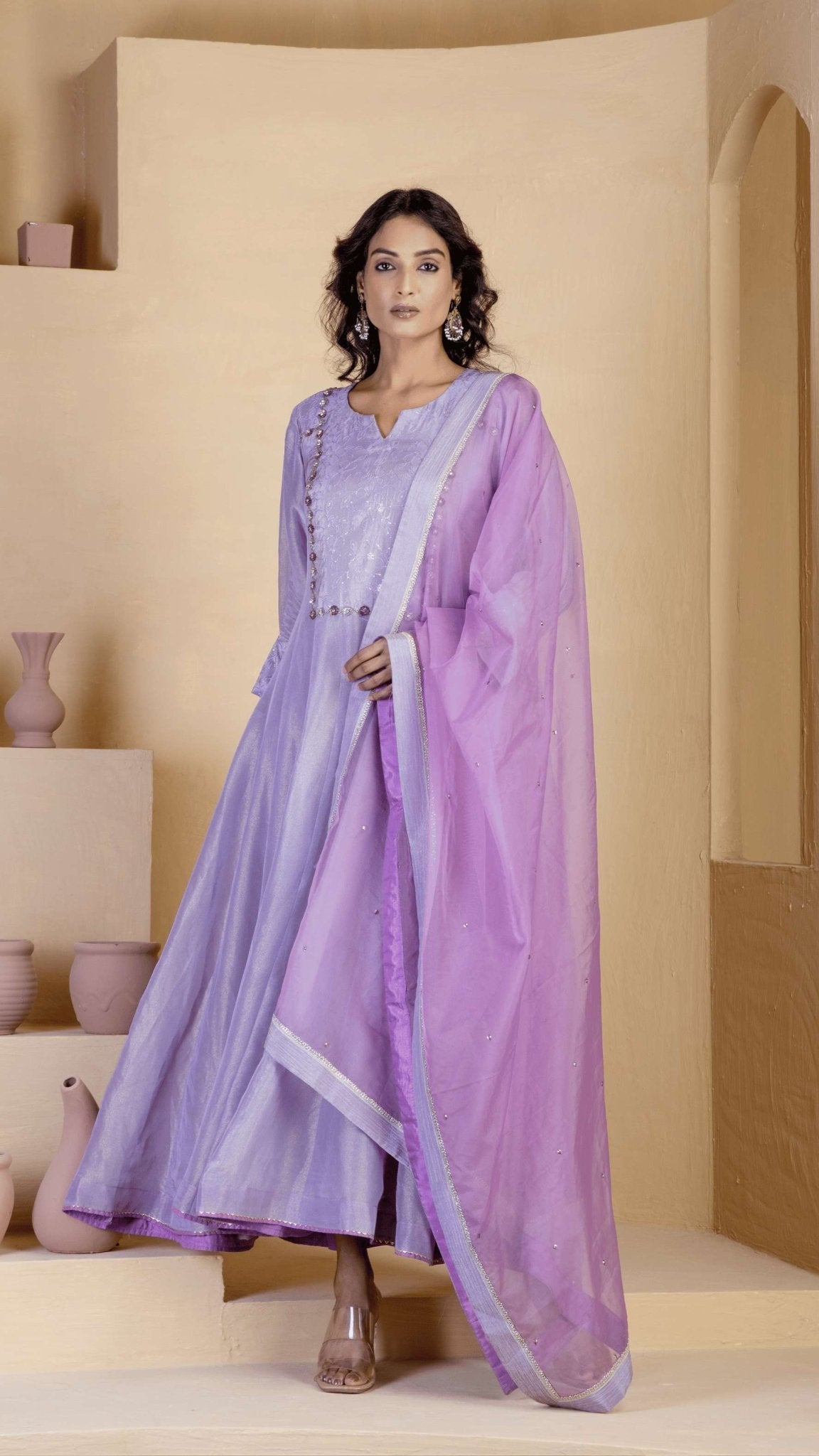 Lavender Shimmer Silk Tissue Anarkali Kurta Sets - Ritivesh By Ritika Aggarwal