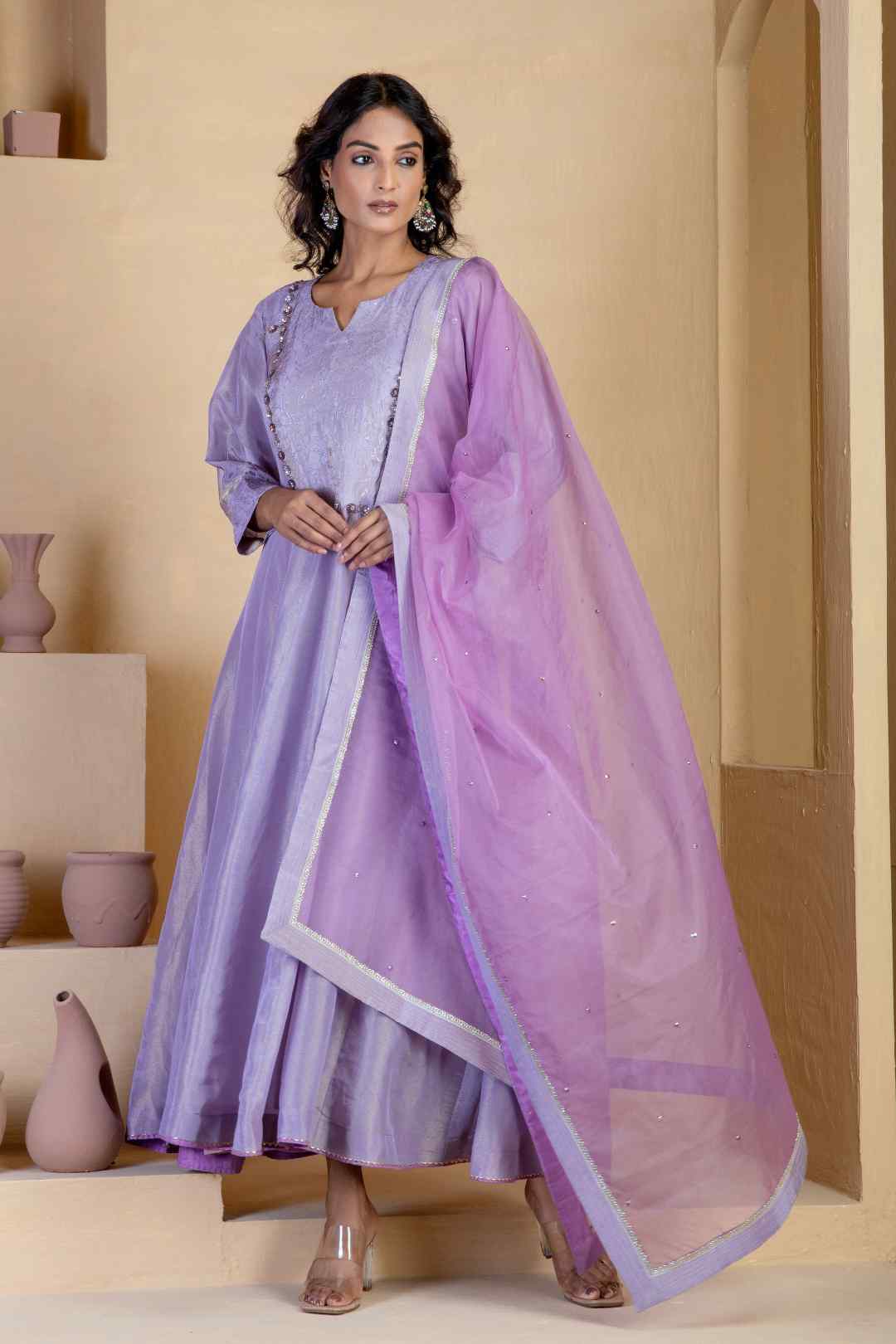Lavender Shimmer Silk Tissue Anarkali Kurta Sets - Ritivesh By Ritika Aggarwal