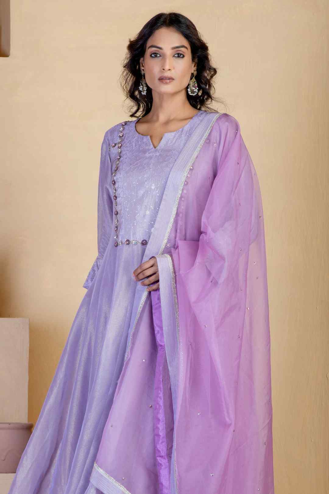 Lavender Shimmer Silk Tissue Anarkali Kurta Sets - Ritivesh By Ritika Aggarwal