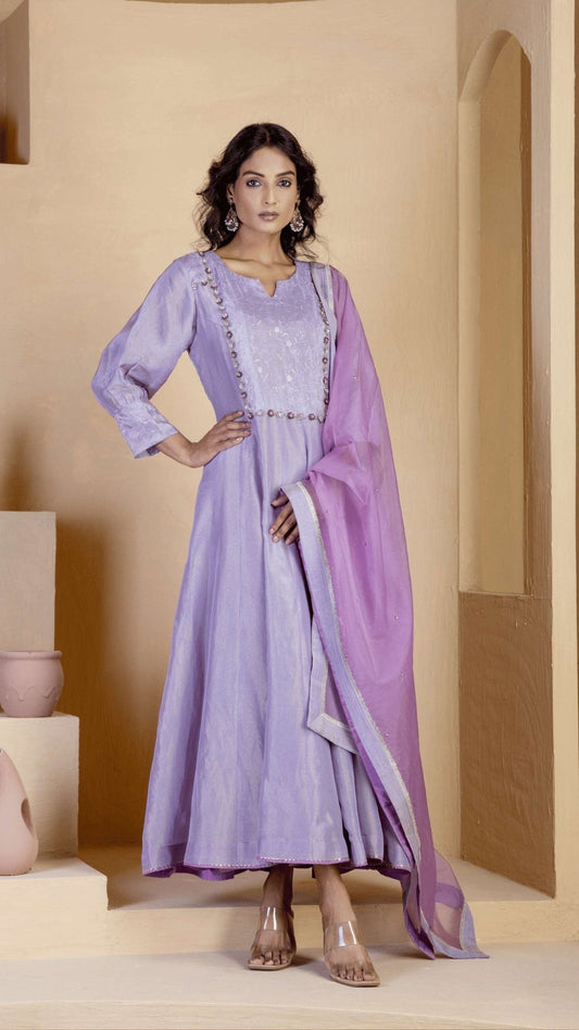 Lavender Shimmer Silk Tissue Anarkali Kurta Sets - Ritivesh By Ritika Aggarwal