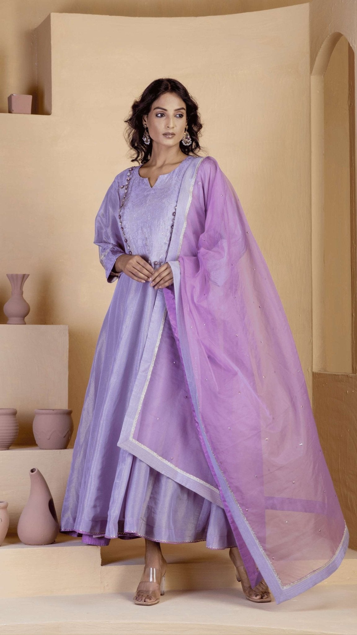 Lavender Shimmer Silk Tissue Anarkali Kurta Sets - Ritivesh By Ritika Aggarwal