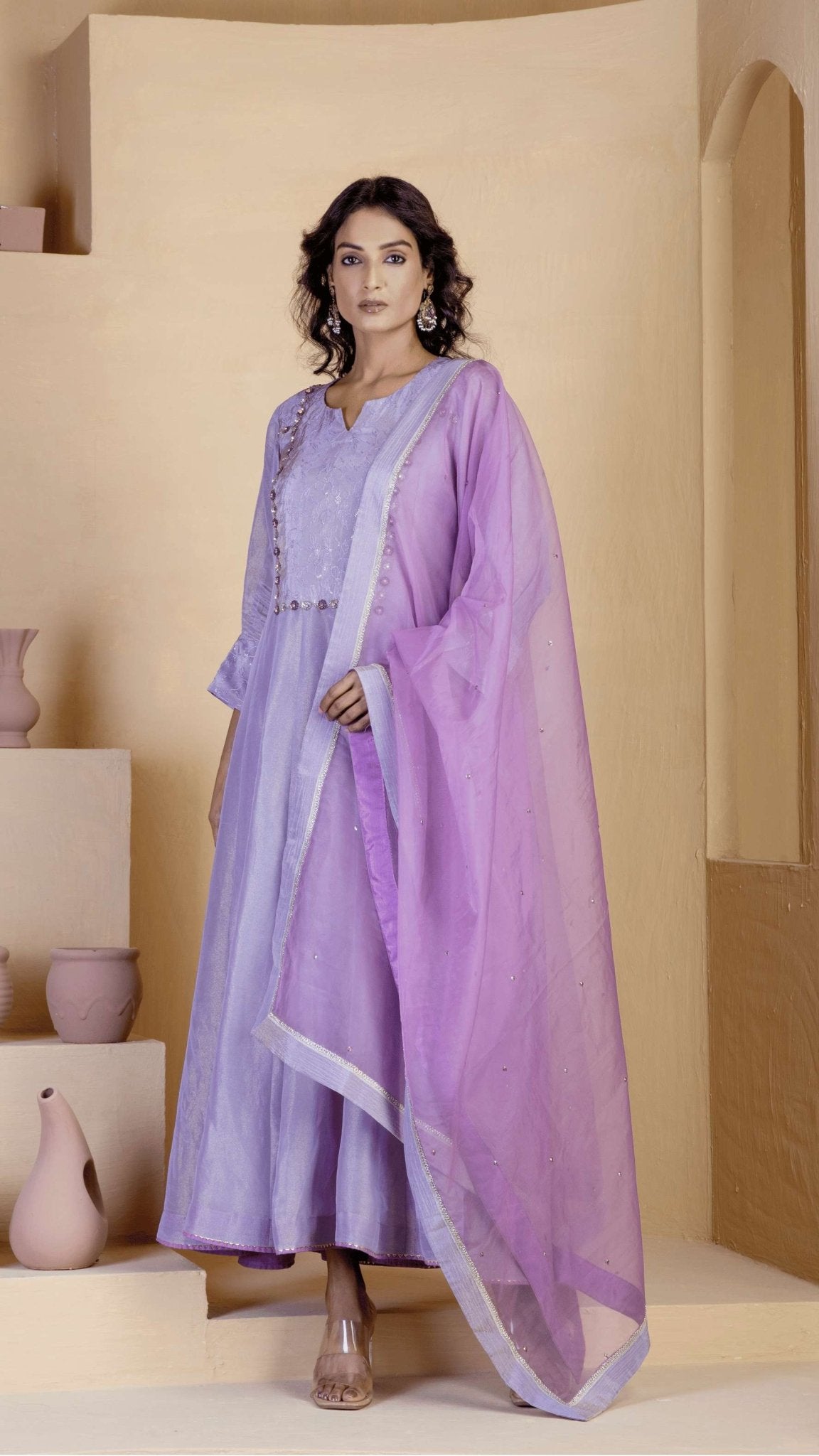 Lavender Shimmer Silk Tissue Anarkali Kurta Sets - Ritivesh By Ritika Aggarwal