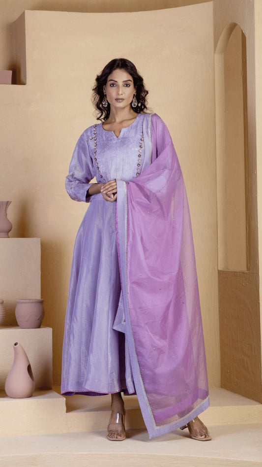 Lavender Shimmer Silk Tissue Anarkali Kurta Sets - Ritivesh By Ritika Aggarwal