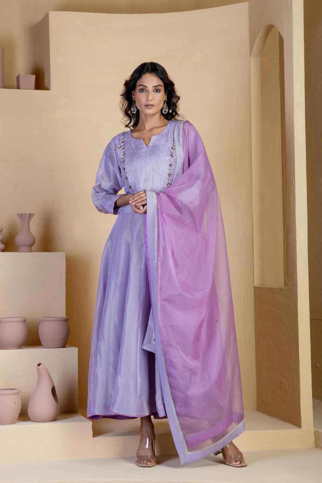 Lavender Shimmer Silk Tissue Anarkali Kurta Sets - Ritivesh By Ritika Aggarwal
