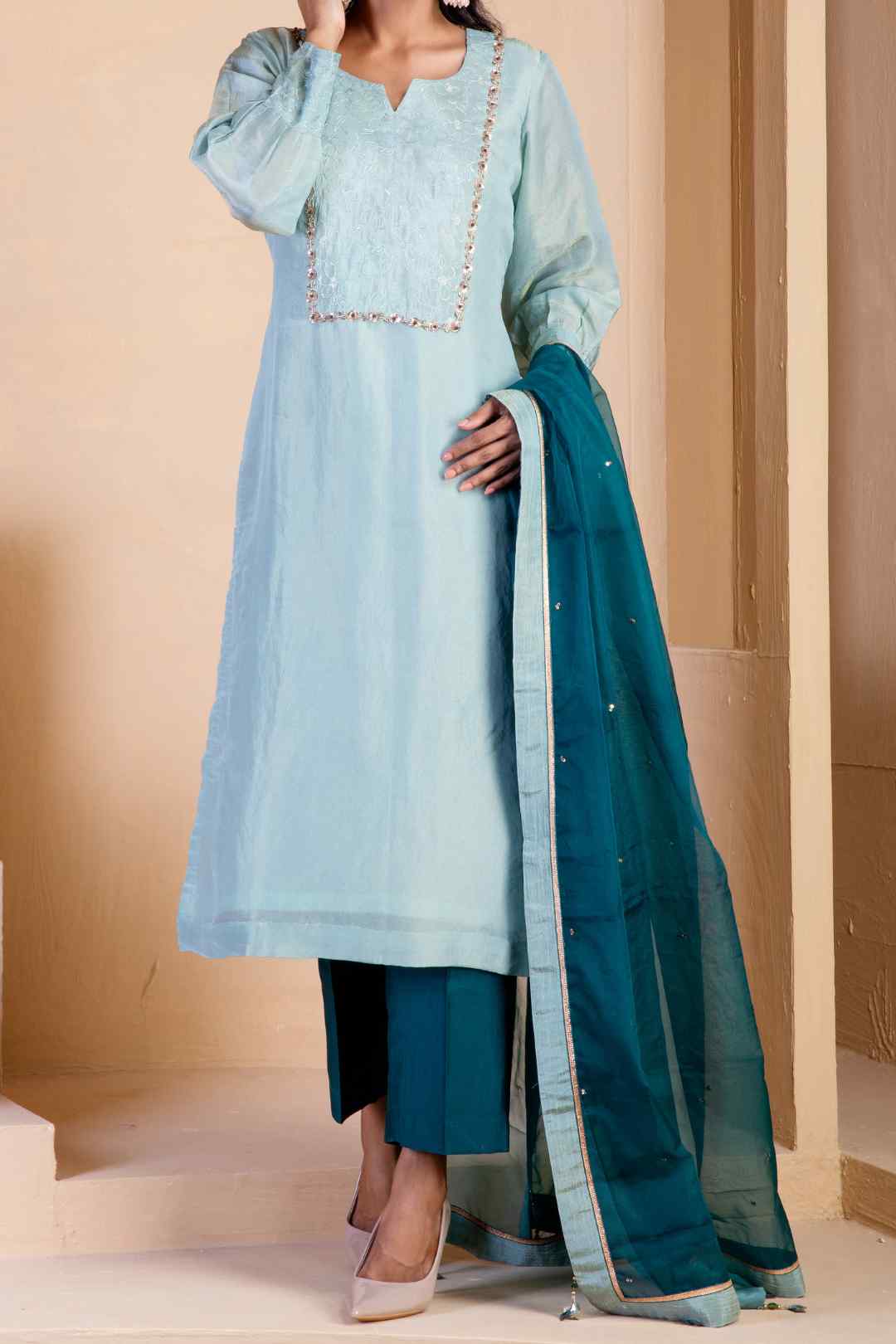 Light Steel Blue Kurta Set - Ritivesh By Ritika Aggarwal