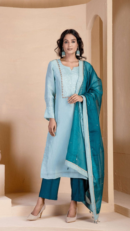 Light Steel Blue Kurta Set - Ritivesh By Ritika Aggarwal
