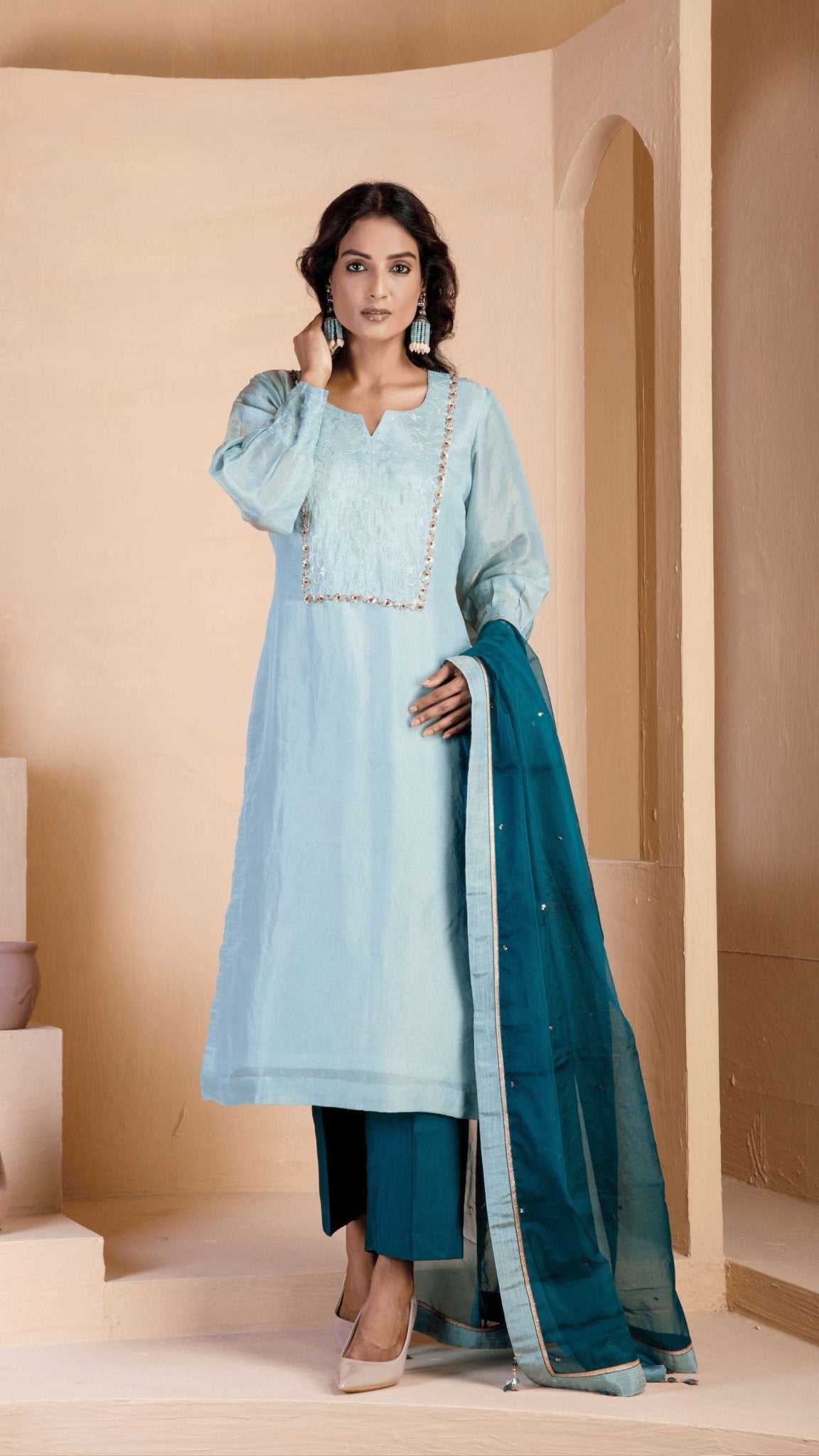 Light Steel Blue Kurta Set - Ritivesh By Ritika Aggarwal