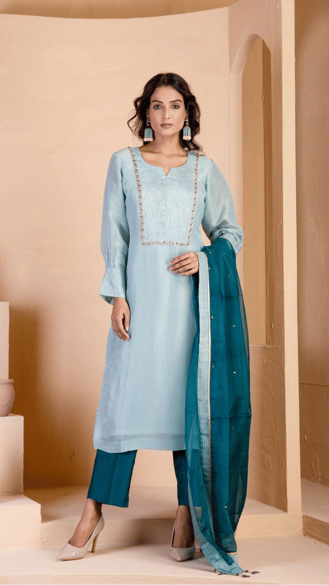 Light Steel Blue Kurta Set - Ritivesh By Ritika Aggarwal