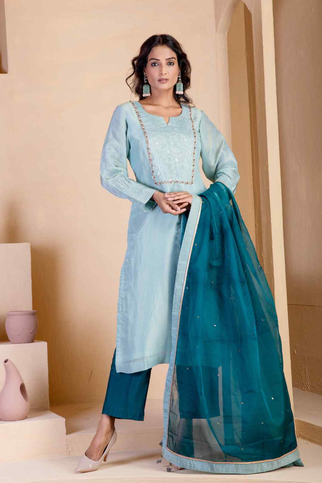 Light Steel Blue Kurta Set - Ritivesh By Ritika Aggarwal
