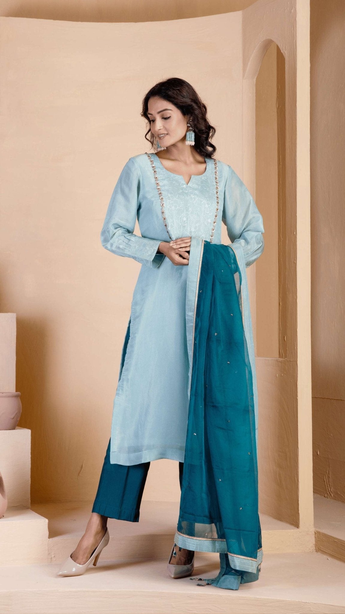 Light Steel Blue Kurta Set - Ritivesh By Ritika Aggarwal