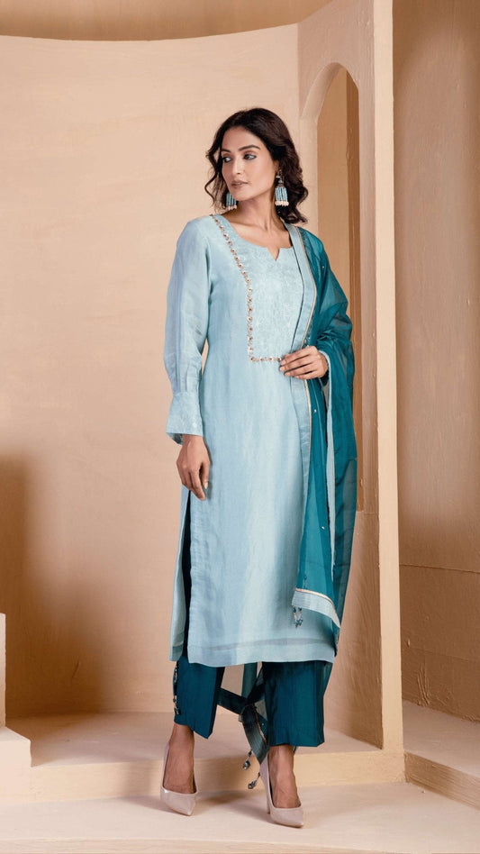 Light Steel Blue Kurta Set - Ritivesh By Ritika Aggarwal