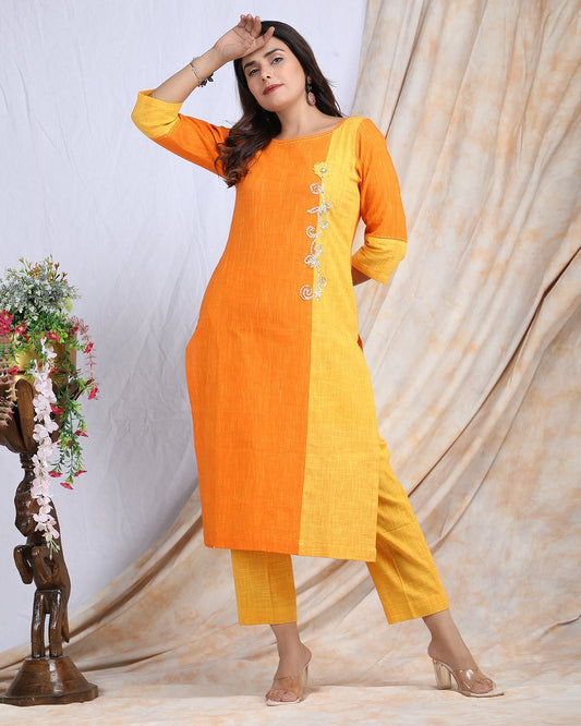 MADHYAM | Cotton Kurta Pant Set with Color Panelling - Ritivesh By Ritika Aggarwal