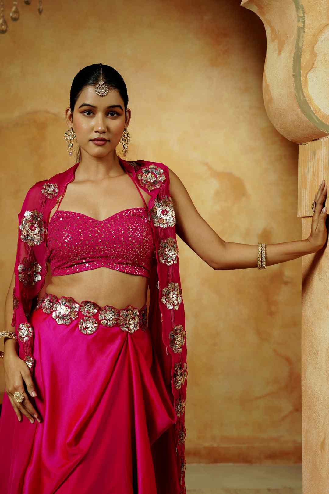 Magenta Dhoti Set with Floral Sequin Embriodery - Ritivesh By Ritika Aggarwal