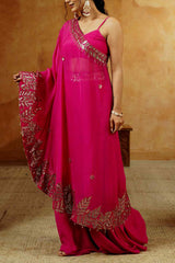 Magenta One - Shoulder Embroidered Kurta Set - Ritivesh By Ritika Aggarwal