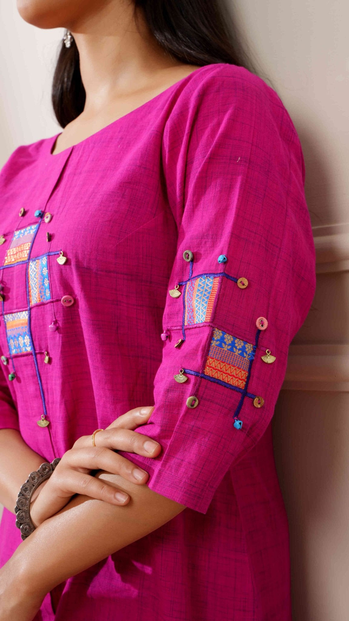 Magenta Slub Handloom Cotton Straight Kurta & Pants - Ritivesh By Ritika Aggarwal