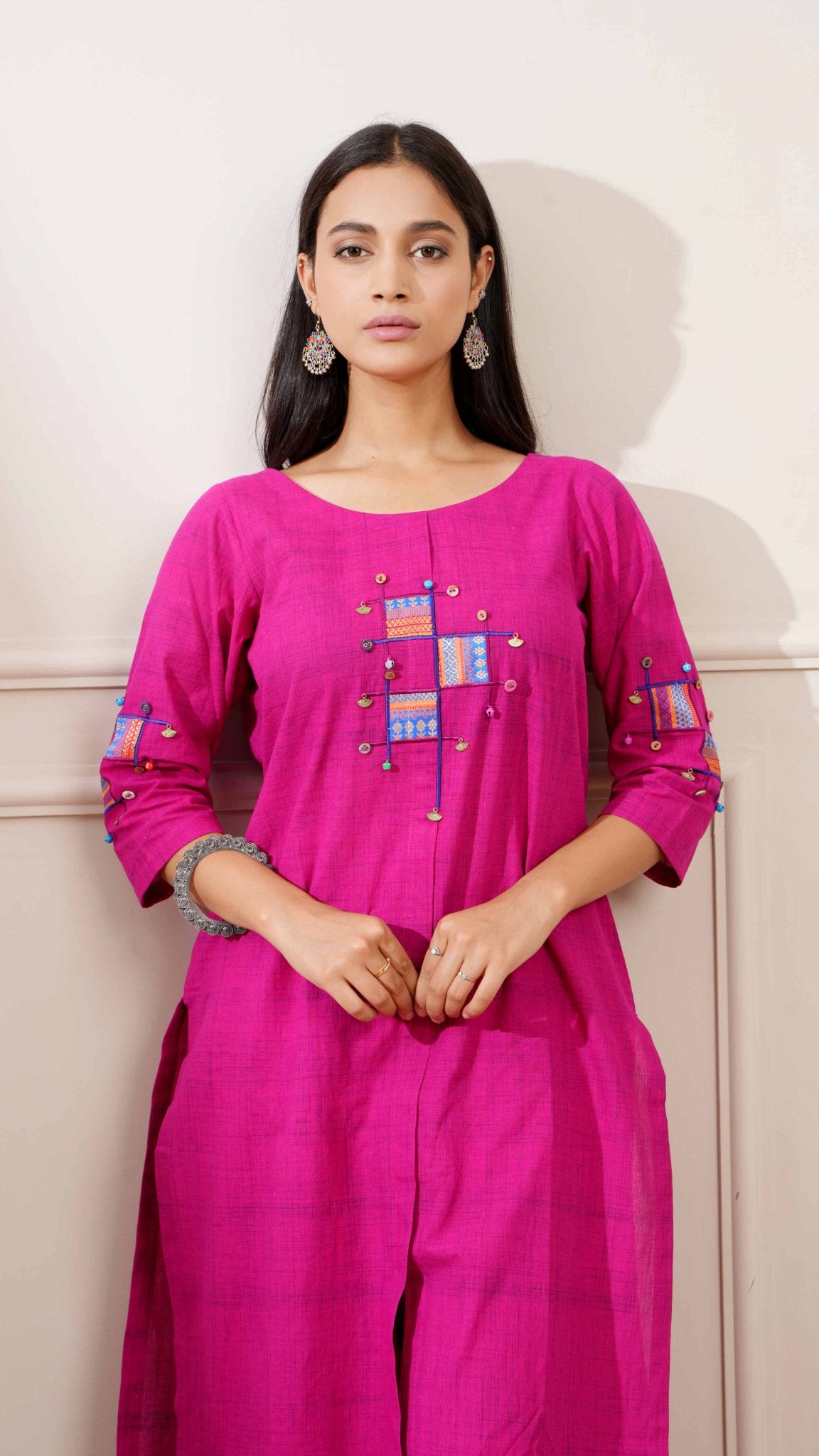 Magenta Slub Handloom Cotton Straight Kurta & Pants - Ritivesh By Ritika Aggarwal