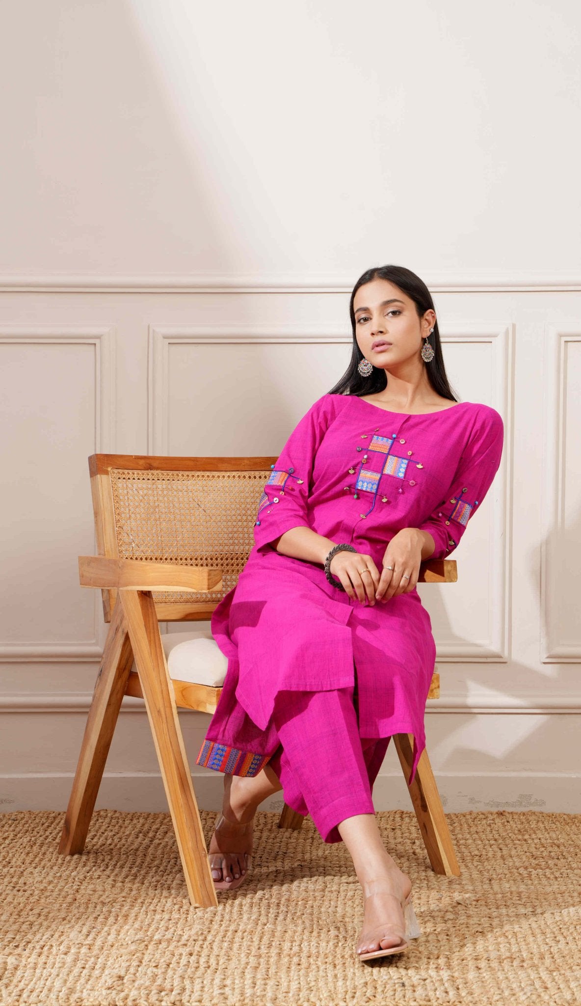 Magenta Slub Handloom Cotton Straight Kurta & Pants - Ritivesh By Ritika Aggarwal