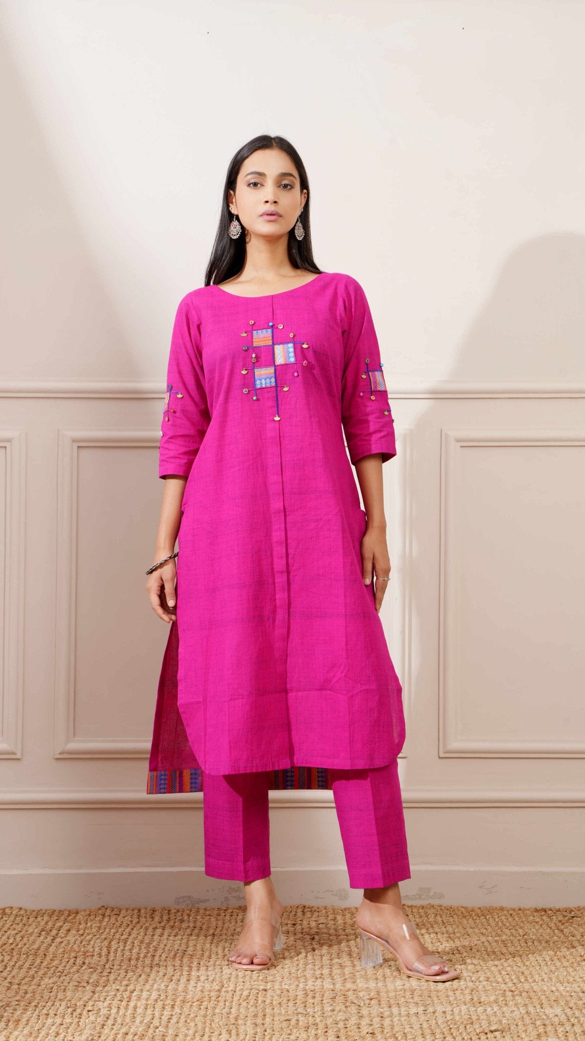 Magenta Slub Handloom Cotton Straight Kurta & Pants - Ritivesh By Ritika Aggarwal