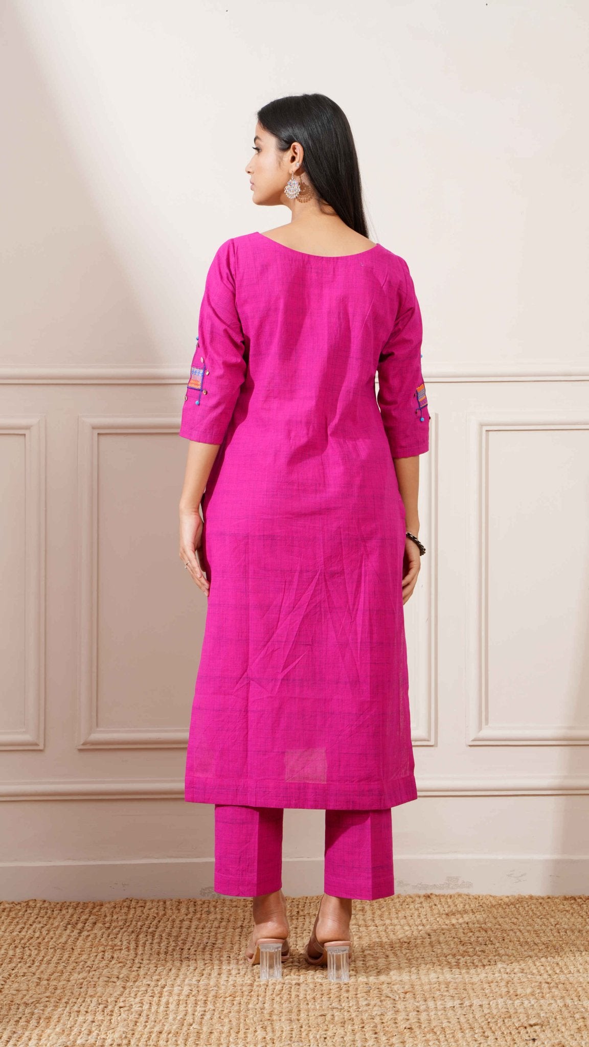 Magenta Slub Handloom Cotton Straight Kurta & Pants - Ritivesh By Ritika Aggarwal