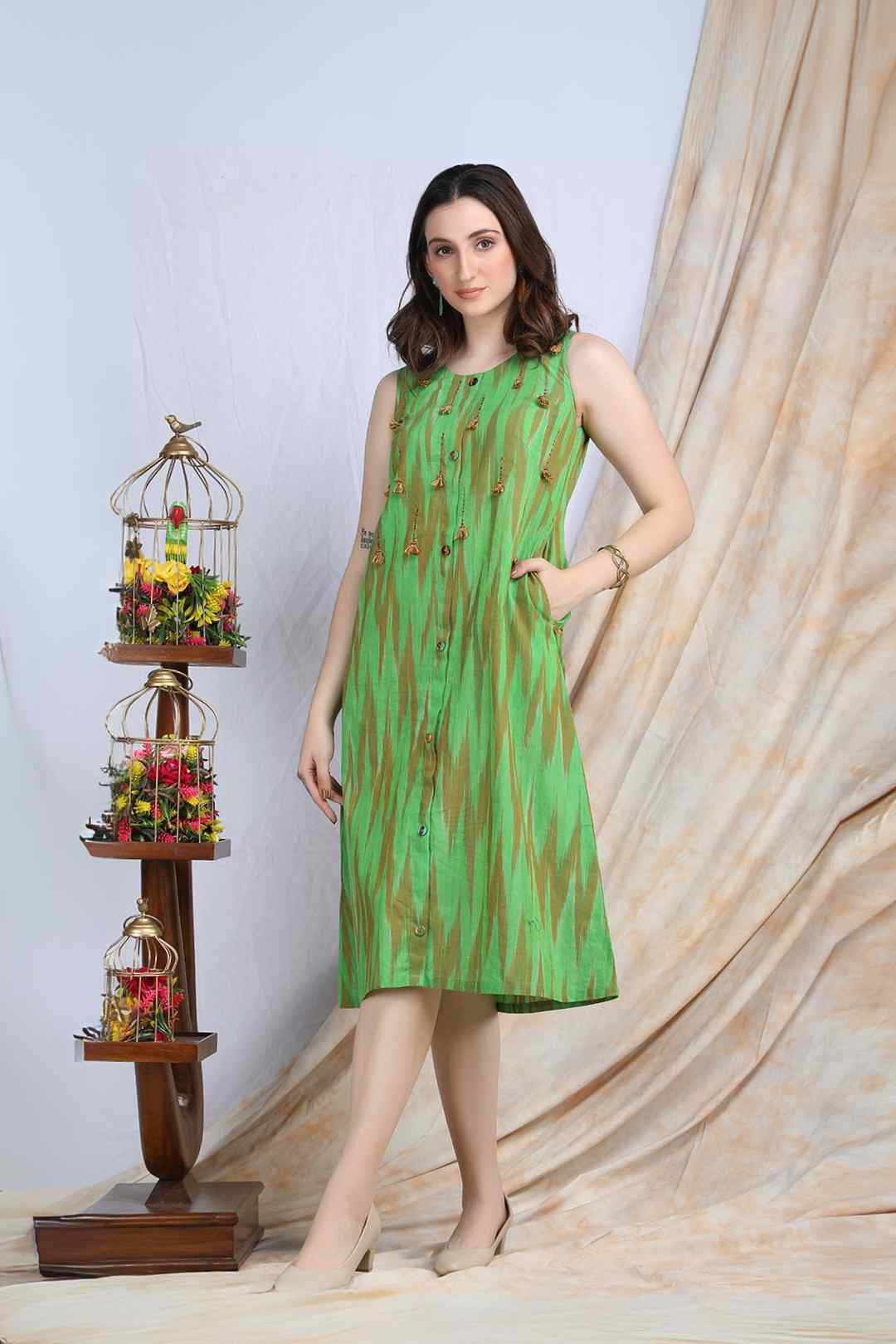 MELA | Green cotton knee length Dress/Kurta - Ritivesh By Ritika Aggarwal