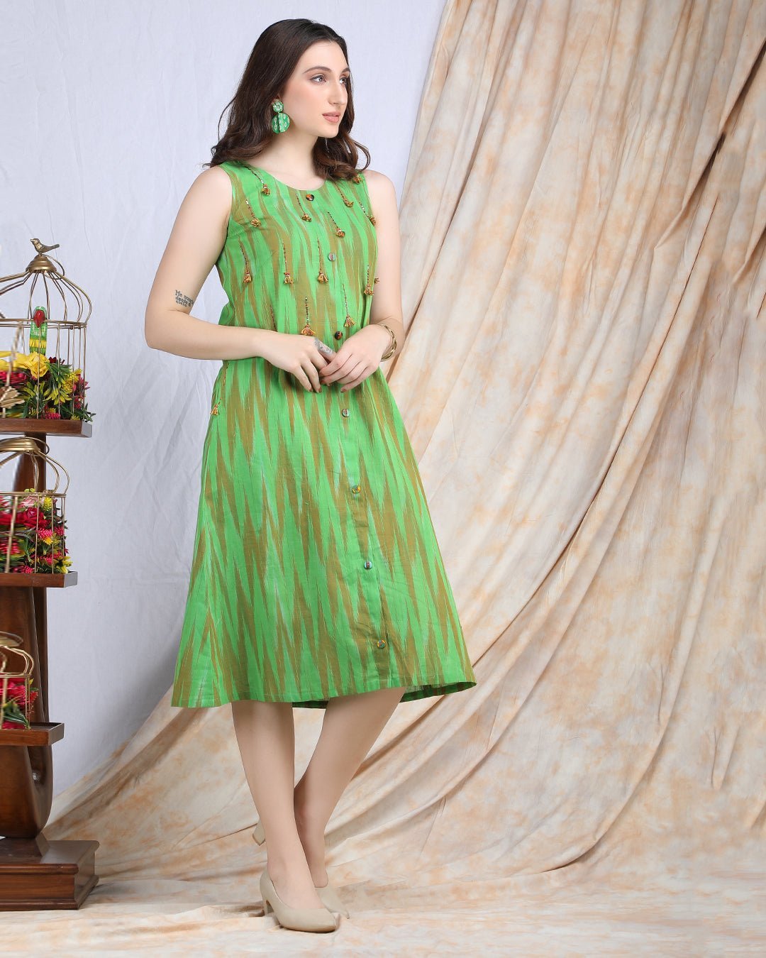 MELA | Green cotton knee length Dress/Kurta - Ritivesh By Ritika Aggarwal