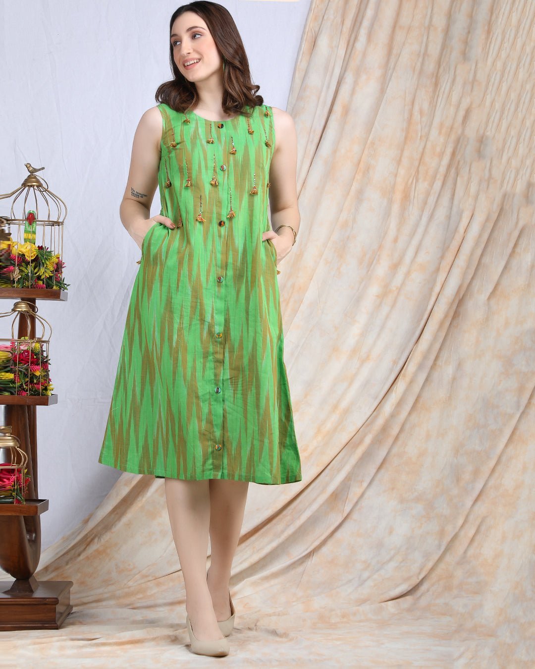 MELA | Green cotton knee length Dress/Kurta - Ritivesh By Ritika Aggarwal