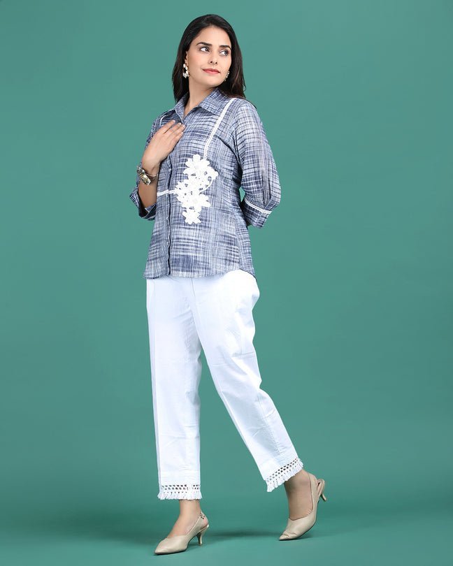 MIDNIGHT | Blue cotton Shirt with crochet flower - Ritivesh By Ritika Aggarwal