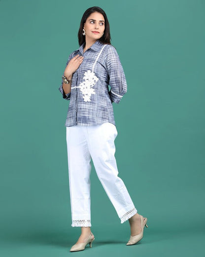 MIDNIGHT | Blue cotton Shirt with crochet flower - Ritivesh By Ritika Aggarwal