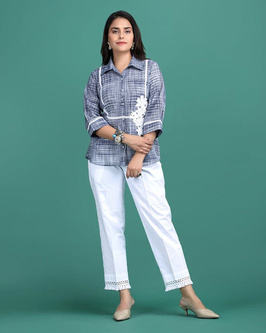 MIDNIGHT | Blue cotton Shirt with crochet flower - Ritivesh By Ritika Aggarwal