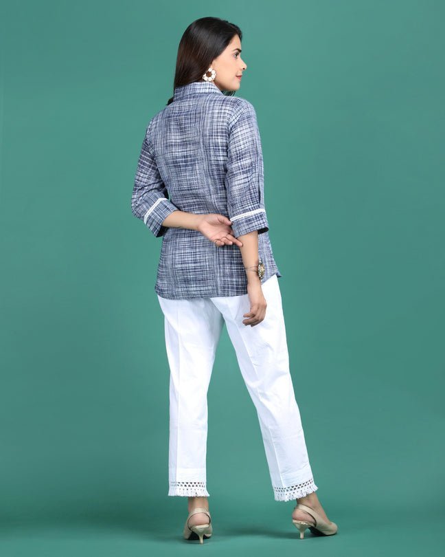 MIDNIGHT | Blue cotton Shirt with crochet flower - Ritivesh By Ritika Aggarwal