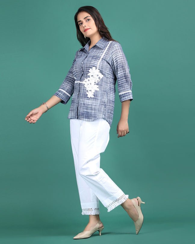 MIDNIGHT | Blue cotton Shirt with crochet flower - Ritivesh By Ritika Aggarwal