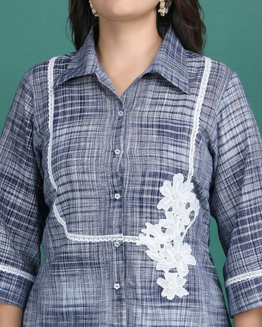 MIDNIGHT | Blue cotton Shirt with crochet flower - Ritivesh By Ritika Aggarwal