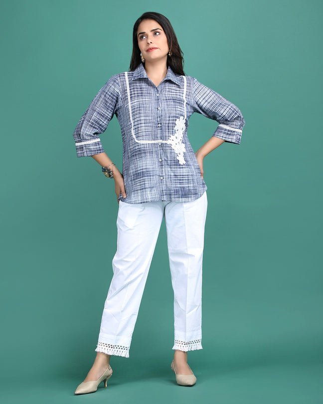 MIDNIGHT | Blue cotton Shirt with crochet flower - Ritivesh By Ritika Aggarwal