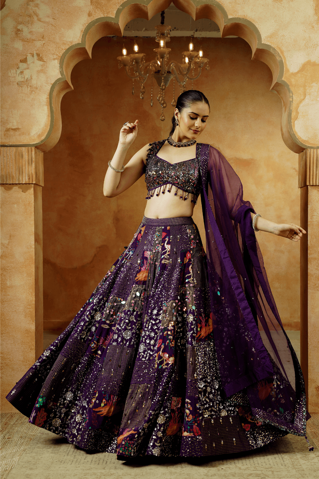 Midnight Purple Lehenga Choli with Sequins & Hand Embroidery - Ritivesh By Ritika Aggarwal
