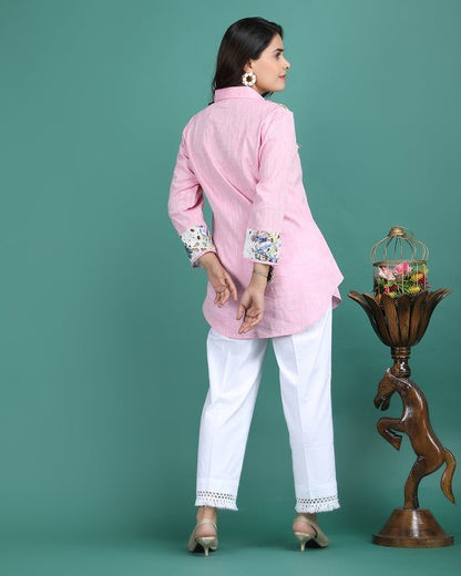 MORGANITE | Pink cotton shirt with crochet yoke - Ritivesh By Ritika Aggarwal