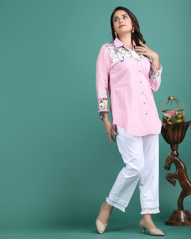 MORGANITE | Pink cotton shirt with crochet yoke - Ritivesh By Ritika Aggarwal