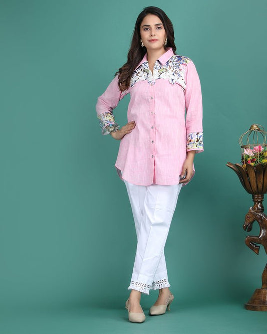 MORGANITE | Pink cotton shirt with crochet yoke - Ritivesh By Ritika Aggarwal