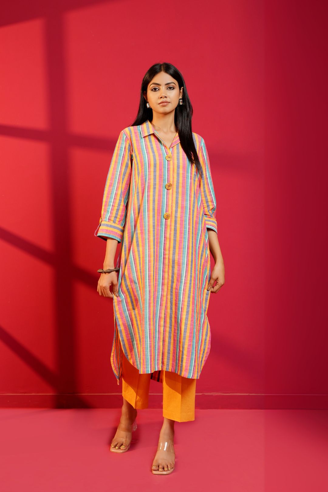 Multi - Stripe Cotton Hand - Crafted Straight Kurta with Pant - Ritivesh By Ritika Aggarwal