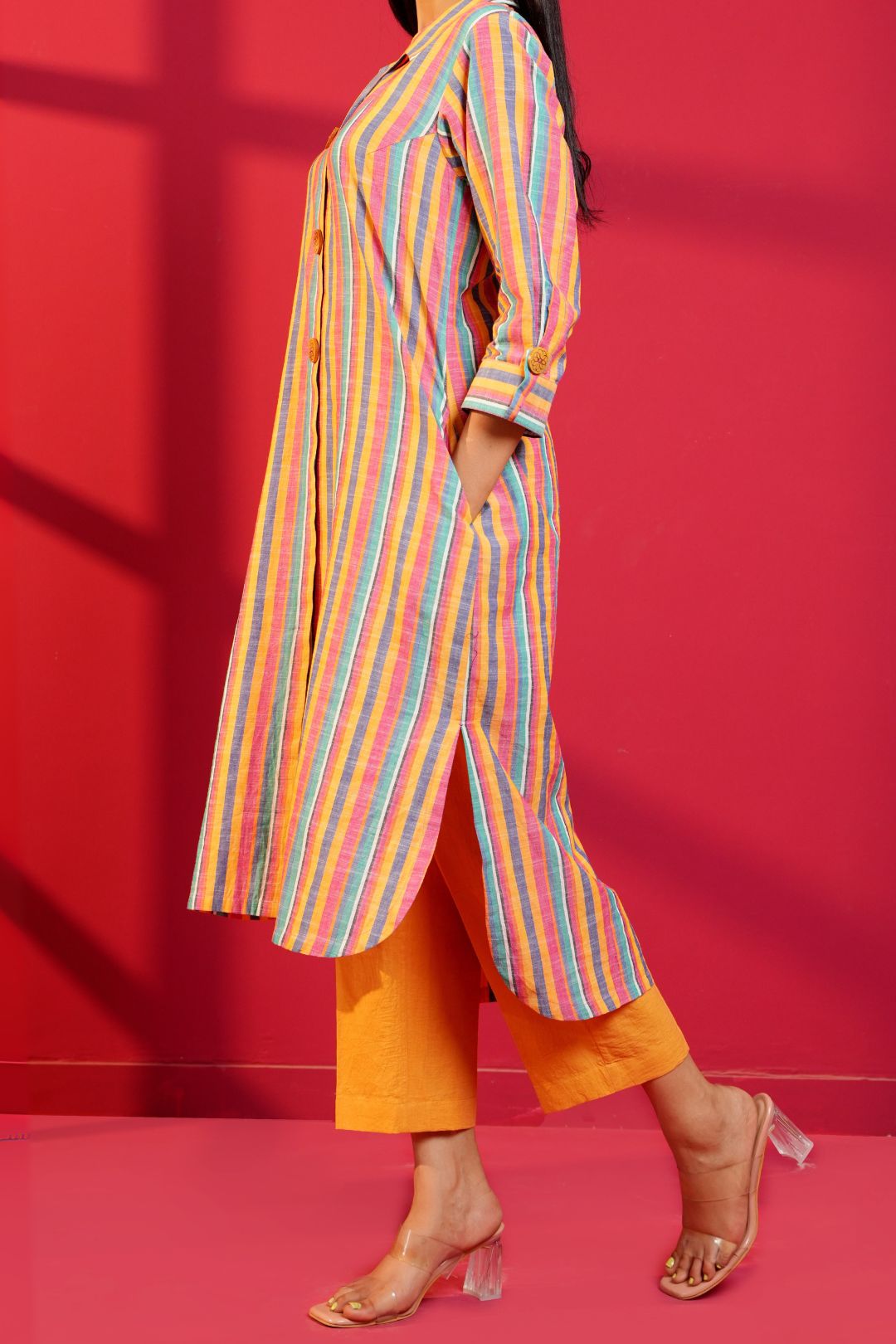 Multi - Stripe Cotton Hand - Crafted Straight Kurta with Pant - Ritivesh By Ritika Aggarwal