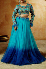 Ocean Ombre Hand Embroidered Lehenga Set - Ritivesh By Ritika Aggarwal