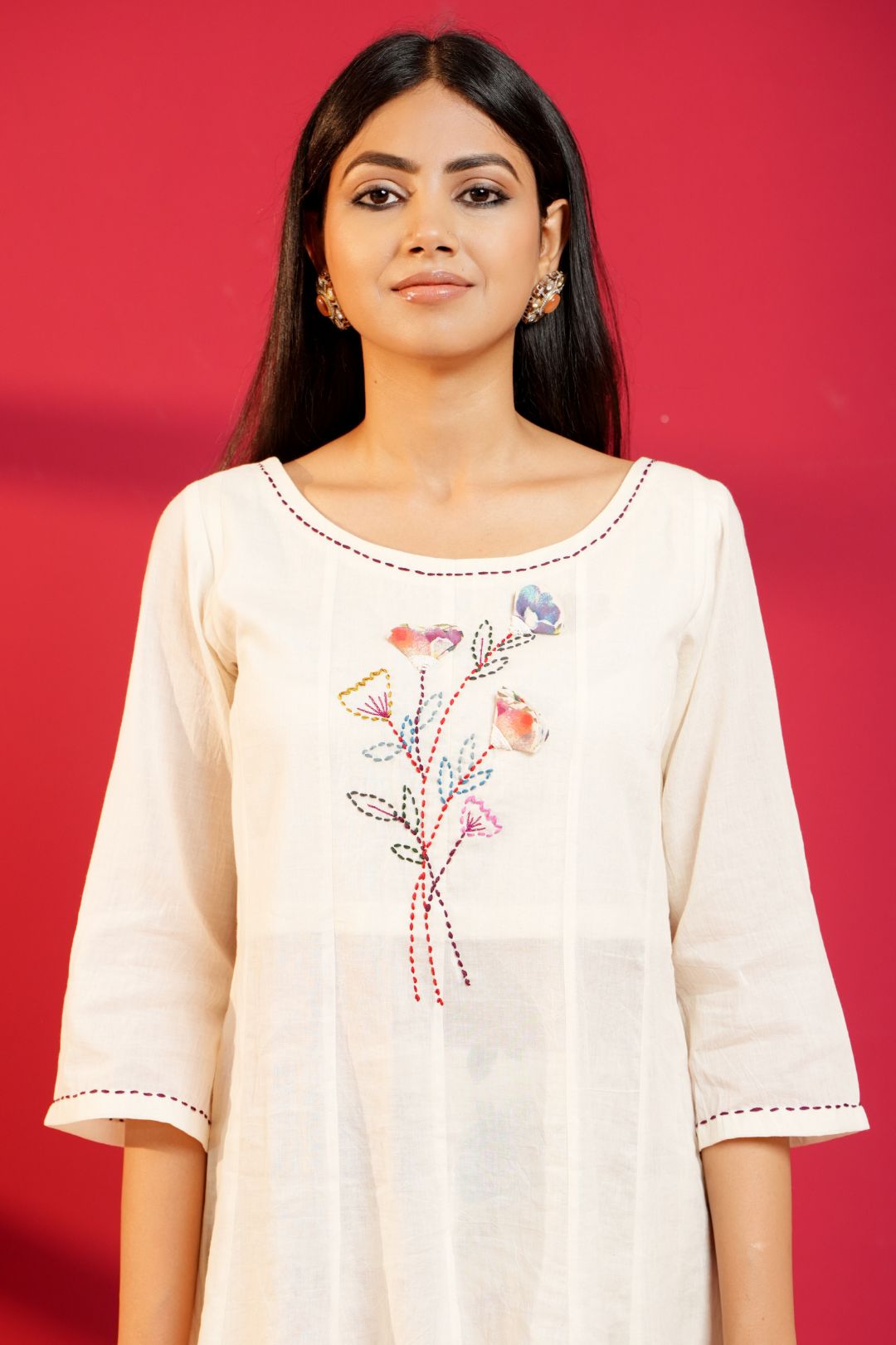 Off - White Hand - Embroidered Cotton Straight Kurta with Pant - Ritivesh By Ritika Aggarwal